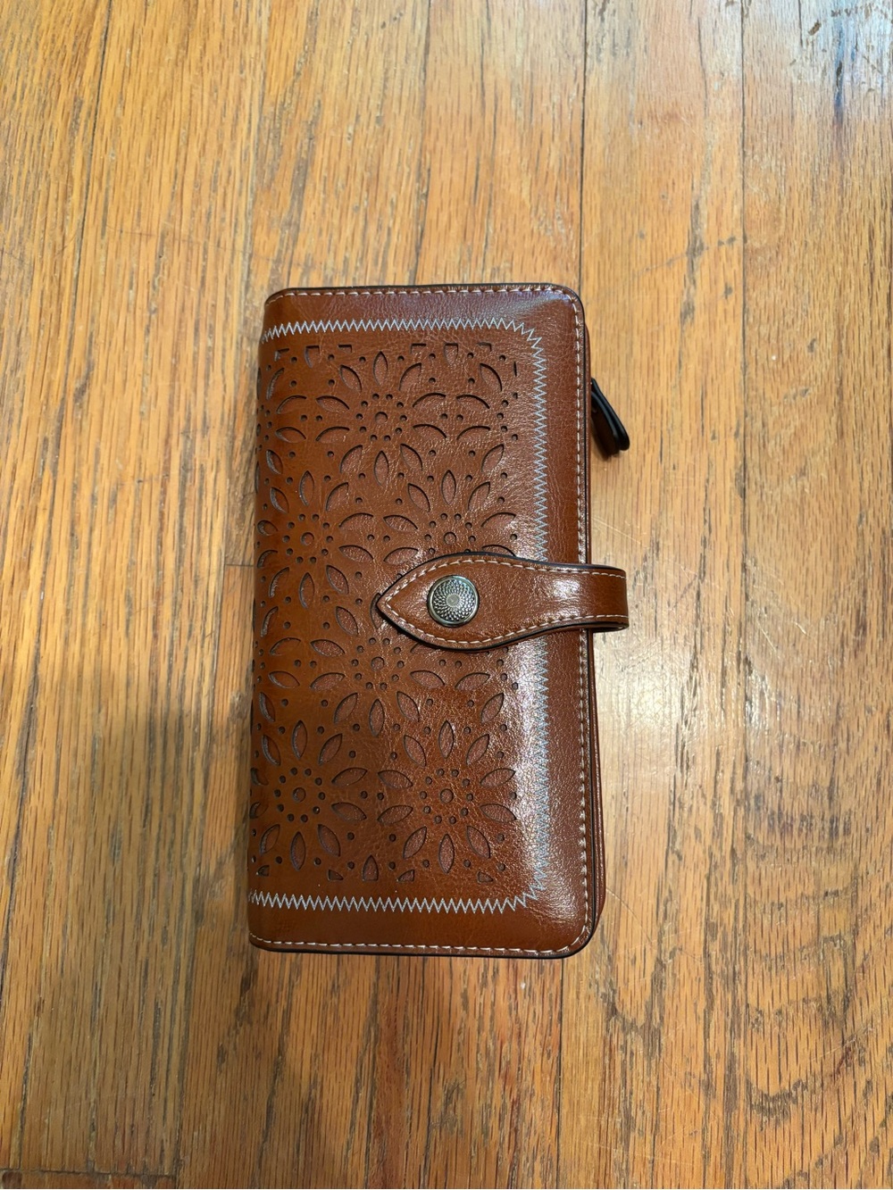 Brown Floral Laser-Cut Faux Leather Wallet